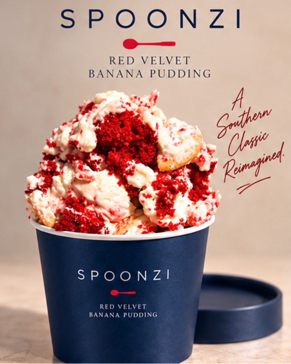 SPOONZI branded red velvet banana pudding pint